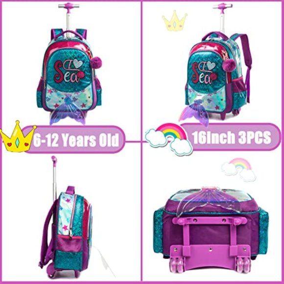New Mermaid Rolling Backpack for Girls Backpacks with Wheels - Picture 3 of 5
